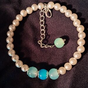 Handmade Blue Glass And Faux Pearl Bracelet, Silver Accents, Extender